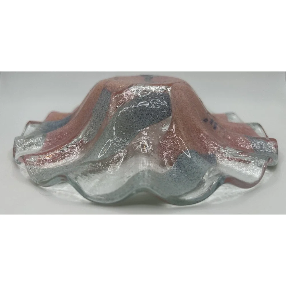 SYDENSTRICKER Fused Glass Fluted Small Bowl Pink Flowers Small Candy Dish‎ VTG